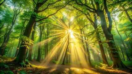 Obraz premium Golden Sunbeams Through Emerald Leaves generative AI