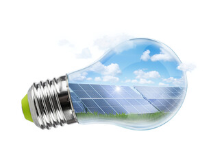 Solar panels in a light bulb isolated on white background. Green saving energy concept.