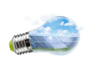 Solar panels in a light bulb isolated on white background. Green saving energy concept.