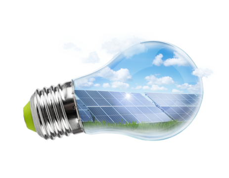 Solar panels in a light bulb isolated on white background. Green saving energy concept.