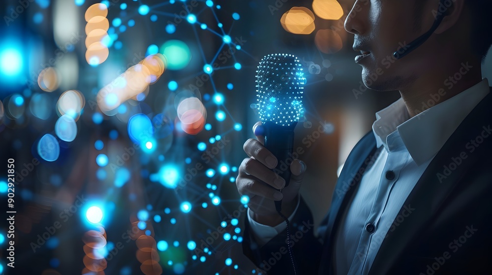 Poster businessperson interacting with virtual assistant through voice commands in seamless modern technolo