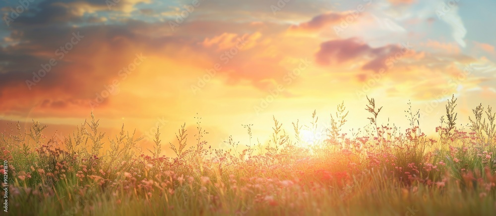Leinwandbilder Sunset backdrop with a field of grass in the foreground perfect for copy space image