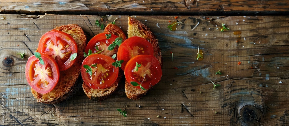 Poster toast topped with juicy tomatoes and aromatic oregano a delightful snack with a copy space image