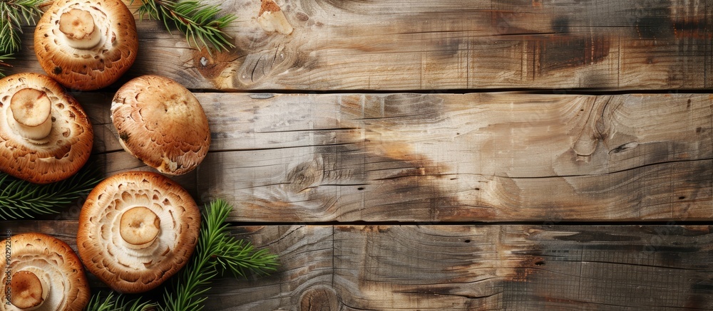 Aufkleber a wooden backdrop showcases fresh boletus mushrooms offering ample copy space for customization in t