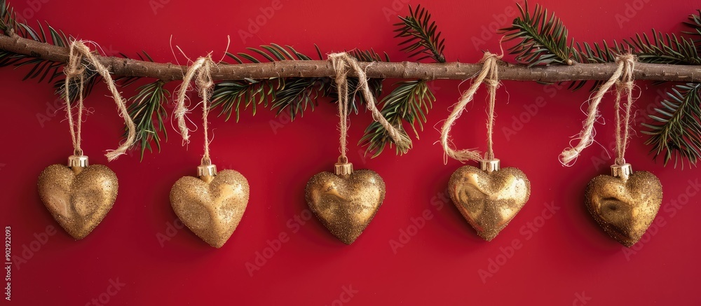 Poster heart shaped golden ornaments hanging from a spruce branch with jute ropes on a red backdrop in a fe