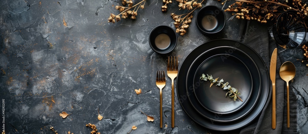 Poster sophisticated table arrangement featuring black dishes gold foliage and silverware against a backdro