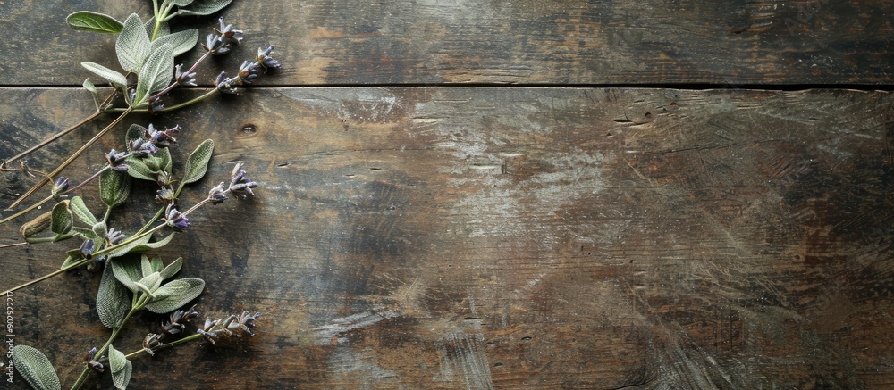 Poster Wooden table with a dried salvia branch for a restaurant menu background suitable for inserting text on a copy space image