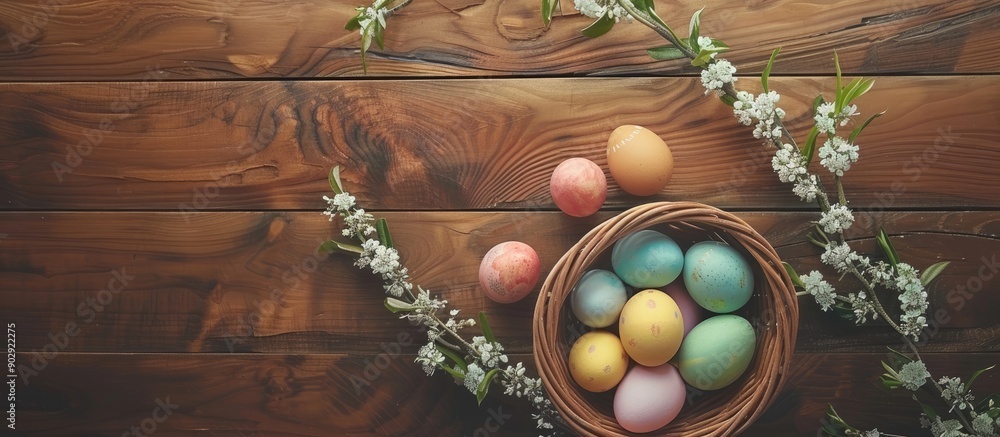 Poster Flat lay with a wicker basket holding colorful Easter eggs on a wooden table leaving room for text in the image. Creative banner. Copyspace image