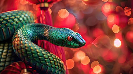 Fototapeta premium Festive green snake coiled against a red and gold background with lanterns, symbolizing Chinese New Year celebrations.