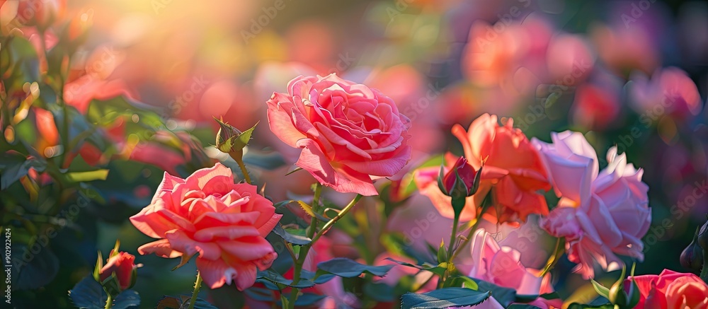 Poster roses blooming in spring with a colorful array in a copy space image