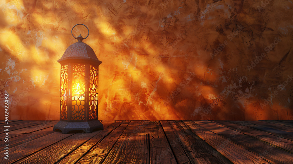 Aufkleber intricately designed lantern is illuminating a wooden table against a textured backdrop