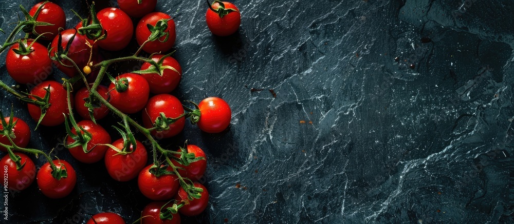 Poster copy space image with fresh and tasty cherry tomatoes on a dark stone background