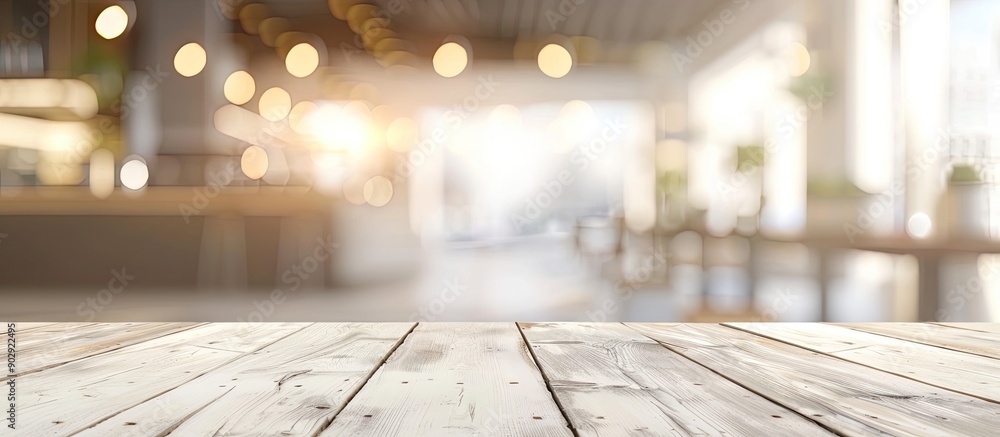 Fototapete White wooden table providing an empty table mockup with a blurred background suitable for a panoramic banner and as a versatile copy space image