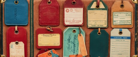 A collection of colorful vintage luggage tags, perfect for travel memories, organization, or retro-themed crafts.