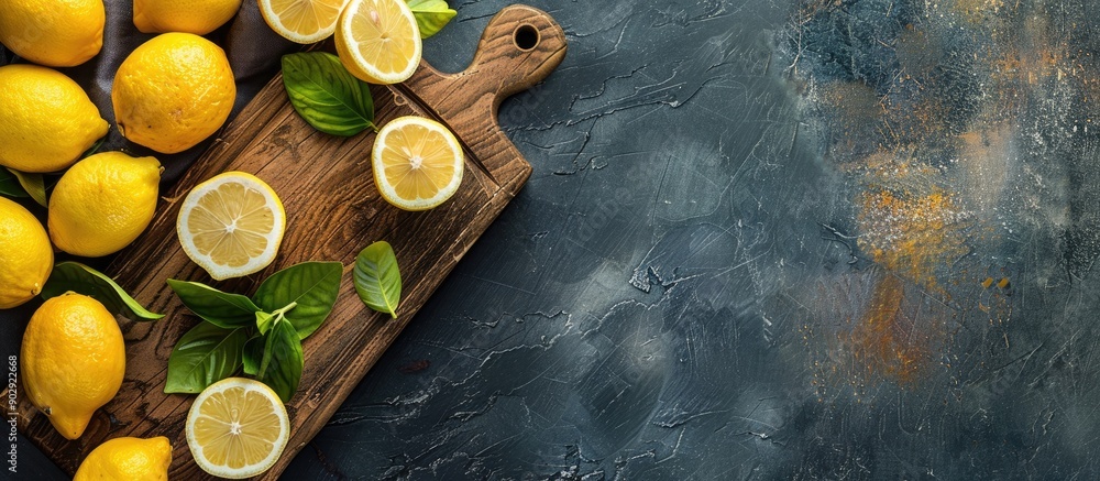 Aufkleber fresh lemons arranged on a wooden cutting board in a flat lay composition with copy space image