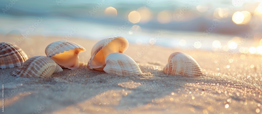 Poster seashells on sandy beach close up with copy space image