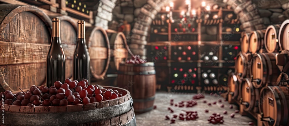 Poster Wine cellar featuring red wine bottles grapes and a copy space image for personalization