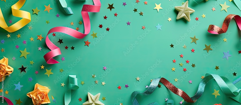 Poster vibrant serpentine and stars on a green background create a festive vibe in this top view flat lay p
