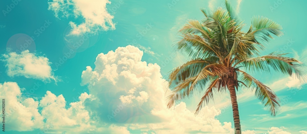 Aufkleber tropical beach scene with a palm tree against a blue sky and white clouds creating a vintage style c
