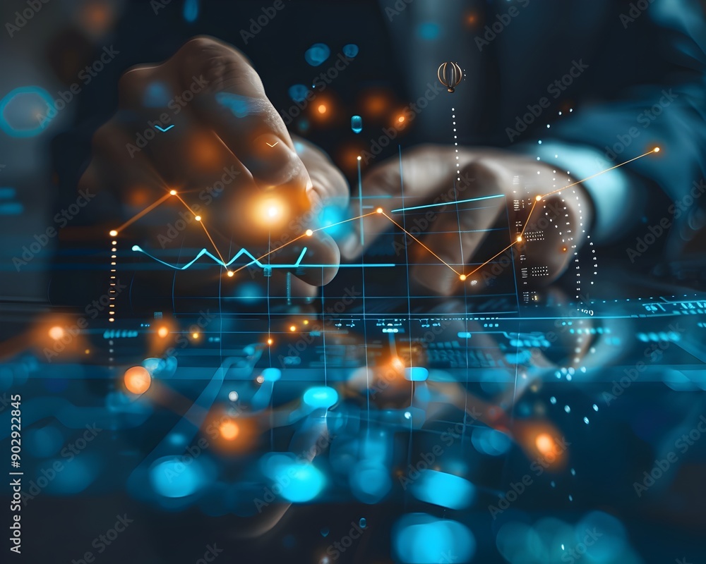 Poster business leaders analyzing virtual market data dashboard with futuristic technology networking conce