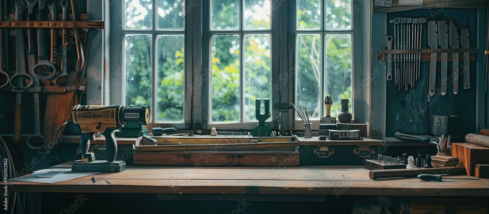 Poster Tools displayed on a wooden desk next to the window with copy space image