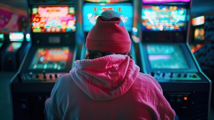 This image showcases a person with a pink hat deeply engaged in gaming within a neon-lit arcade, symbolizing the immersive nature and joy of arcade gaming.