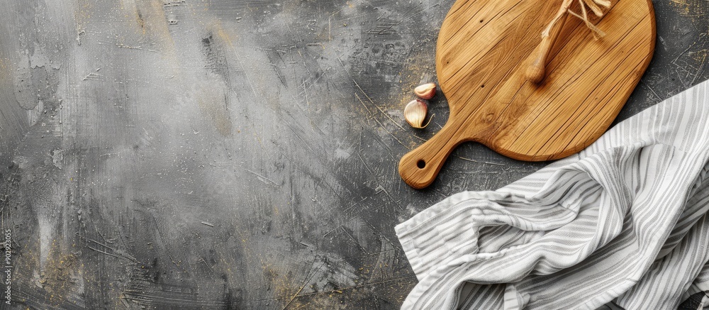 Poster wooden kitchen table with a cutting board a kitchen towel and a cement background for a menu food ca