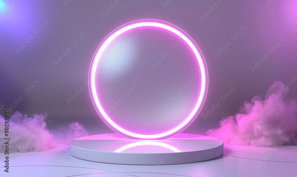 Poster glowing neon circle on a white platform with mist in a purple-hued room creating an ethereal atmosph