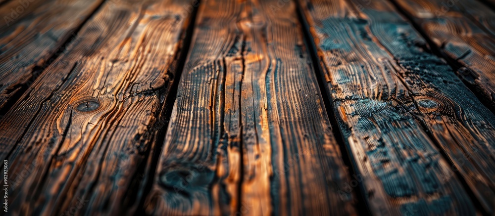 Poster macro shot of rustic wooden table showcasing its grain texture in vintage style providing a blank ca