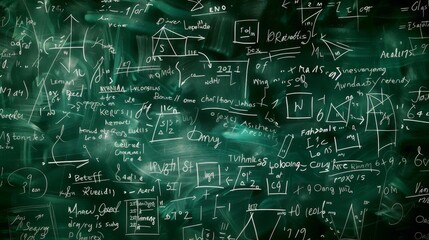 Many different math formulas written on chalkboard, closeup