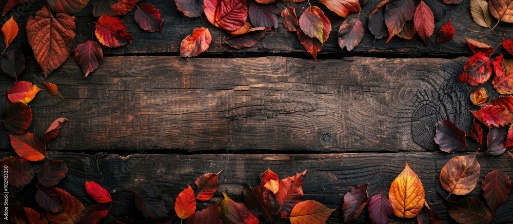 Leinwandbilder fall themed backdrop featuring multicolored leaves on a rustic wooden surface ideal for copy space i