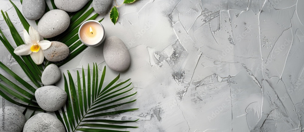 Poster zen like grey stones a candle flower and palm leaves arranged on white stone background for a relaxi