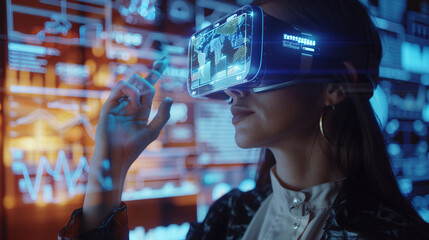 Businesswoman using augmented reality for data analysis