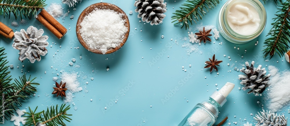 Poster winter care displayed in a flat lay composition with decorative cosmetic items on a colored backgrou