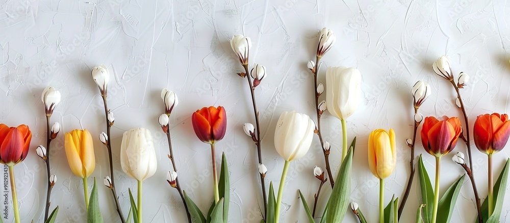 Poster a spring themed image featuring tulips and pussy willow arranged creatively with space for text idea