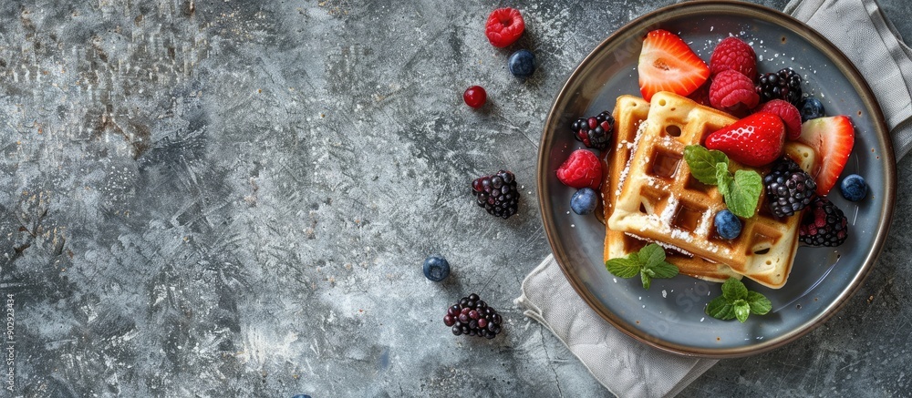 Poster A plate of Belgian waffles with fresh fruit displayed on a rustic background featuring gray waffles with copy space in the image captured from above