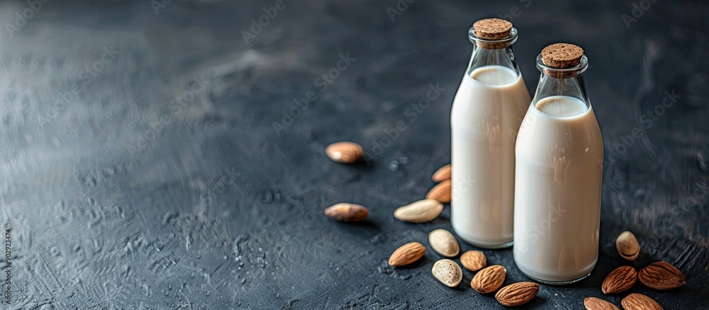 Poster two almond milk bottles with nuts on a dark table lactose and sugar free perfect for vegetarians ide