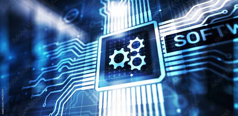 Poster software development and business process automation, internet and technology concept on virtual scr