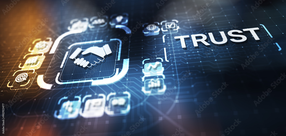 Poster trust customer relations reliability business concept. pointing and pressing on virtual screen.
