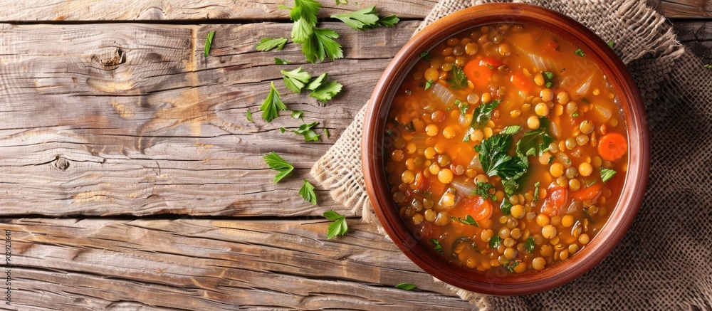 Aufkleber Top view of lentil soup on a rustic vintage table with space for additional images