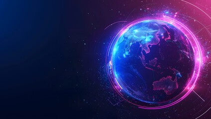 Obraz premium Abstract futuristic background with a neon glowing planet Earth and space elements, with a blue purple pink gradient.
