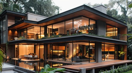 Modern Architectural Marvel Nestled Among Lush Trees in Evening Light