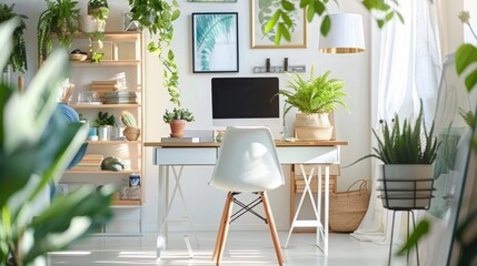 Cozy Home Office with Plants and Natural Light.