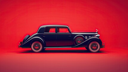 Fototapeta premium Stylish retro vintage black car model on a gradient red background, symbolizing luxurious transportation and chic style