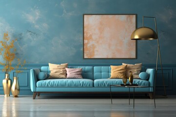 Blue Interior Design with Modern Couch and Golden Accents