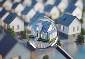 close-up of magnifying glass focused on blue roof house model, surrounded by other houses. Real estate search concept. High resolution photography.