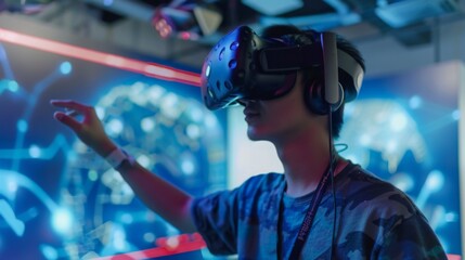 A young adult explores a virtual reality environment, wearing a headset and reaching out to interact with digital elements in a high-tech setting.