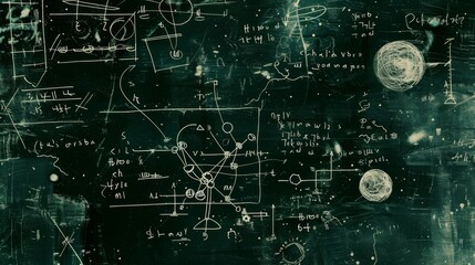 Many different math formulas written on chalkboard, closeup