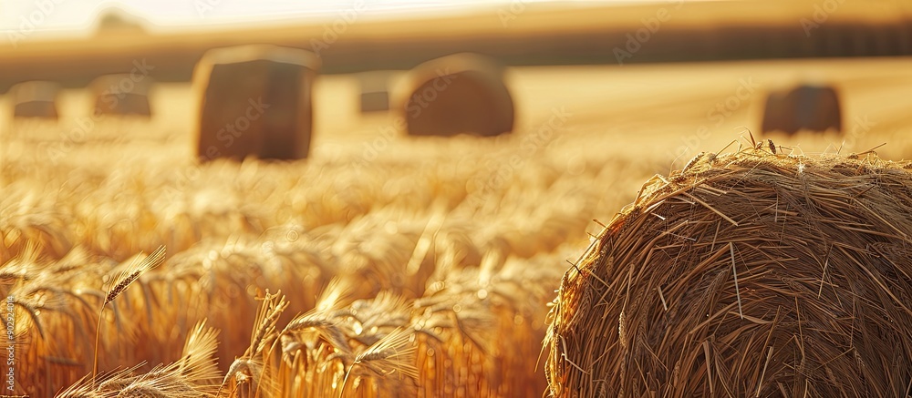 Poster freshly harvested wheat field with piles of wheat scattered in the landscape ideal as a copy space i
