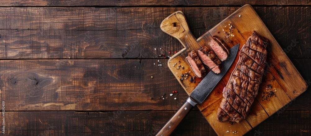 Leinwandbilder a picanha steak on a wooden board with a butcher knife placed on a wooden background in a top view a